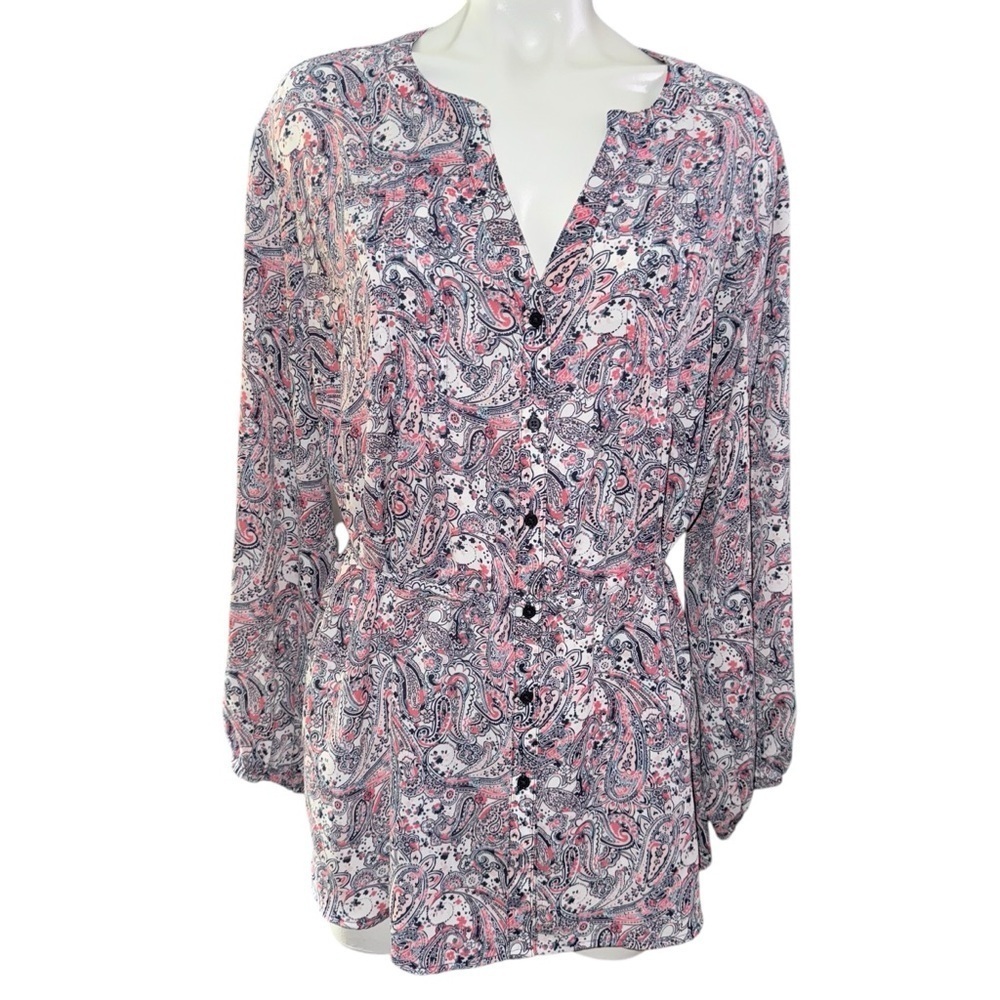 Terra & Sky Women’s 2X (20W-22W) Paisley Print Long Sleeve Button Up V-Neck Top